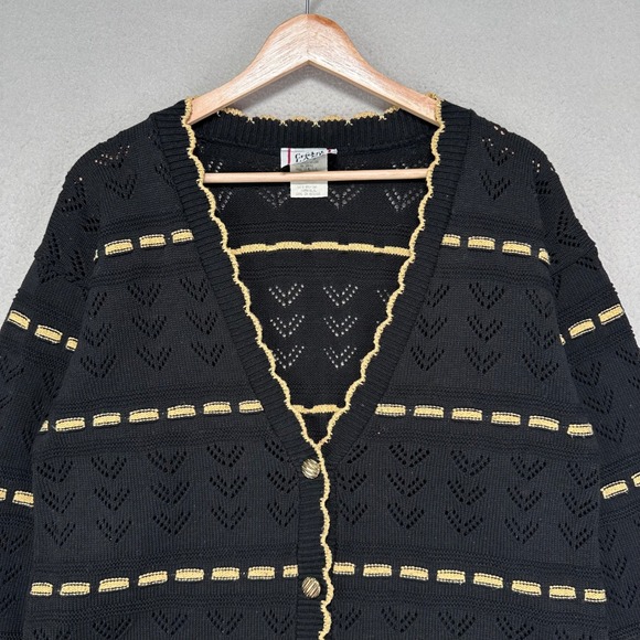 VTG Cricket Lane Cardigan Sweater Womens S Oversized BLK Gold Pointelle Coquette - Picture 2 of 8